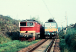Lokomotiva: 363.065-4 + 754.009-9 | Vlak: Os 9165 ( Beneov u Prahy - Tbor ) + R 563  Junk ( Plze hl.n. - Brno hl.n. ) | Msto a datum: Tbor 11.09.1992