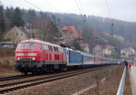 Lokomotiva: 218.838-1 ( ex 218.373-9 ) + 371.002-7 | Vlak: EC 171 Carl Maria von Weber ( Berlin Hbf. - Praha hl.n. ) | Msto a datum: Knigstein 11.03.2016